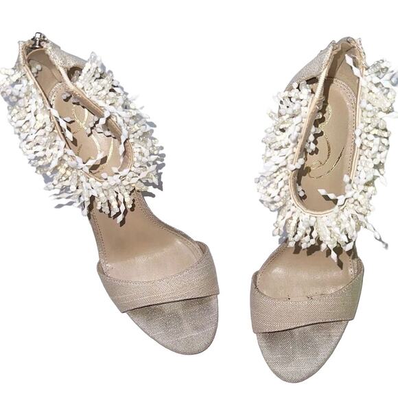 Sam Edelman Gillie Sand Linen Stilettos Open Toe Heels Beaded Size 7.5, 4'' Heel - Picture 4 of 13